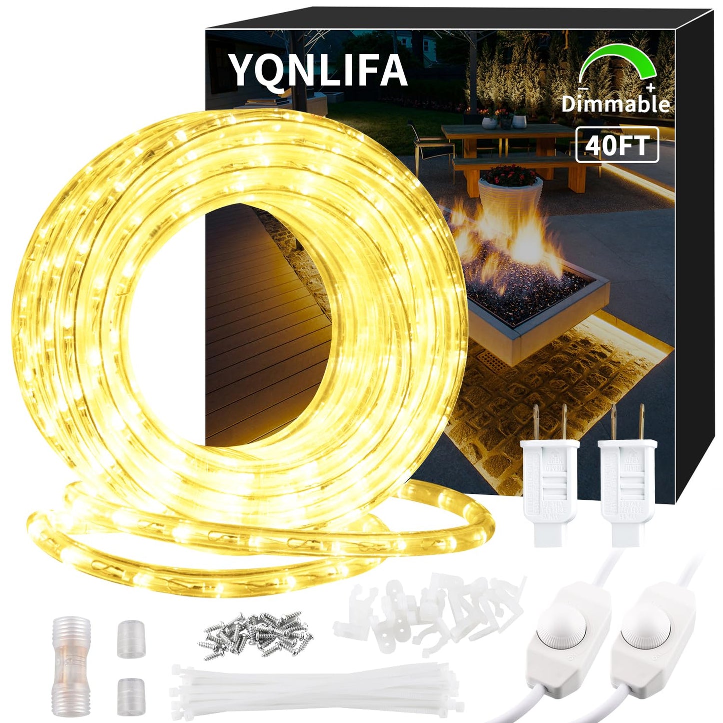 YQNLIFA LED Rope Lights, Dimmable 40ft, 432 LEDs, IP65 Waterproof, Warm White, Model WD12, Cuttable for Indoor/Outdoor Use