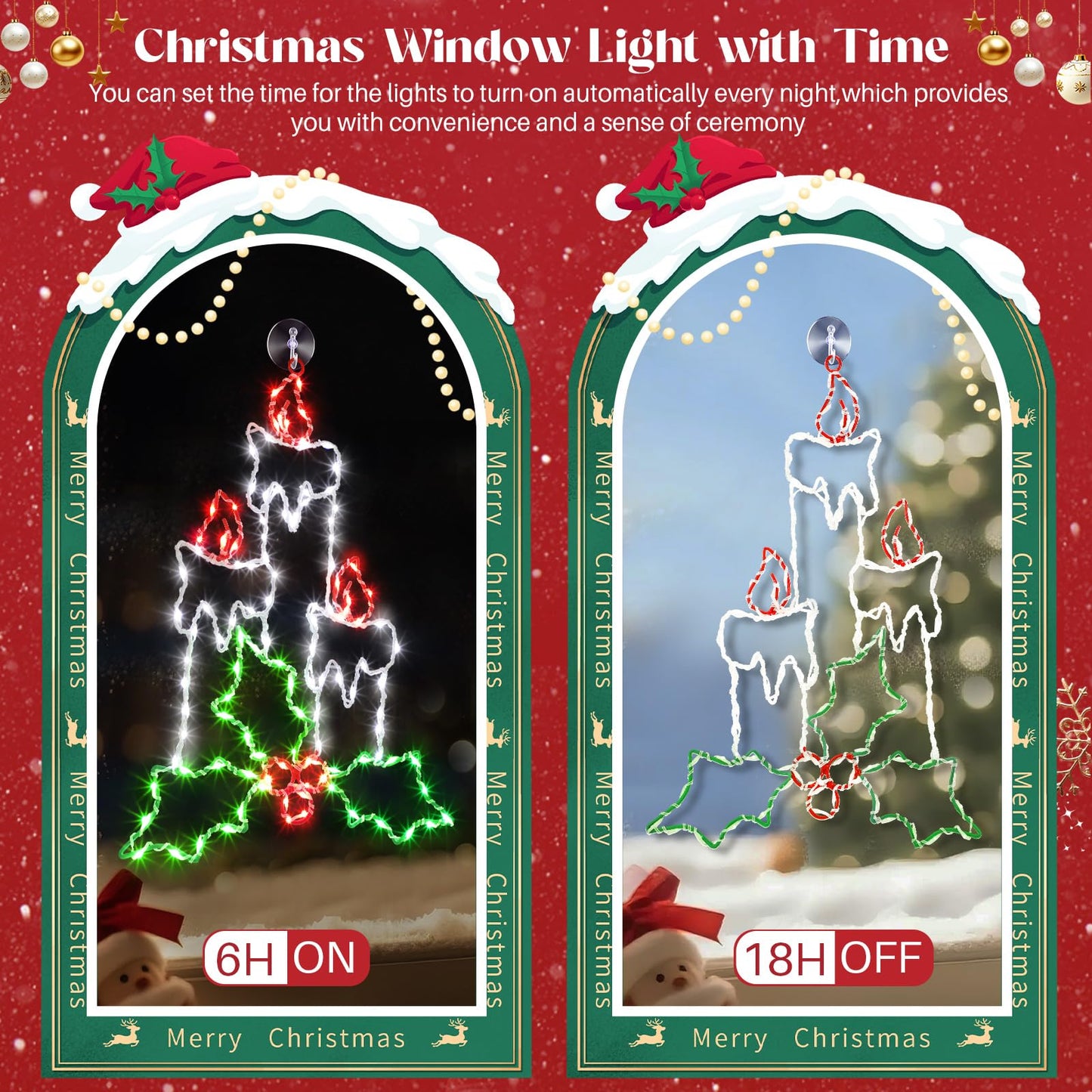 Enhon Christmas Window Silhouette Light, Battery Operated, 8 Modes, Timer, 15.8in, White/Red/Green, Model SO-Enhon-2398